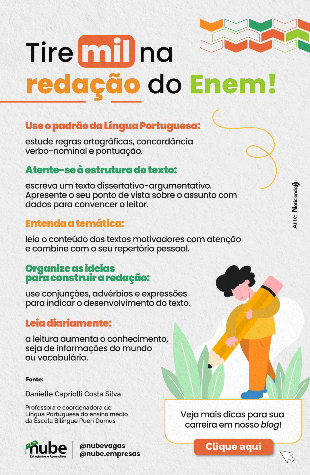 Infográfico sobre dicas para tirar uma boa nota na redação do enem